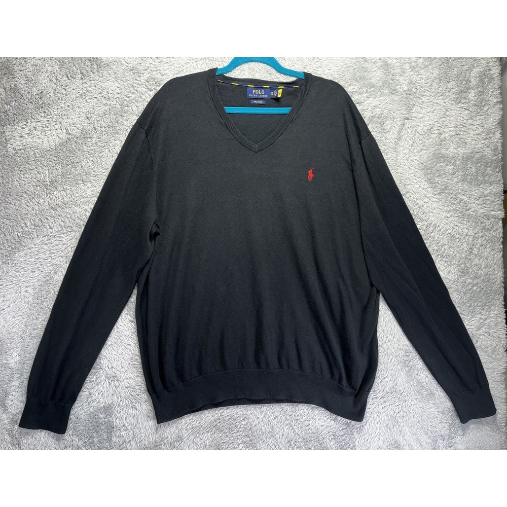 Polo Ralph Lauren Mens 2XL Black V Neck Sweater Red Pony Logo Lightweight